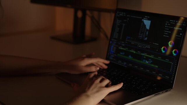 Cinematic video editing workflow on laptop, female hands working in creative studio