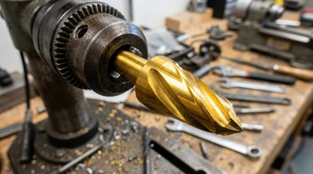 Metalworking tool drill bit countersink gold coating close up workshop machine steel cutting tool precision