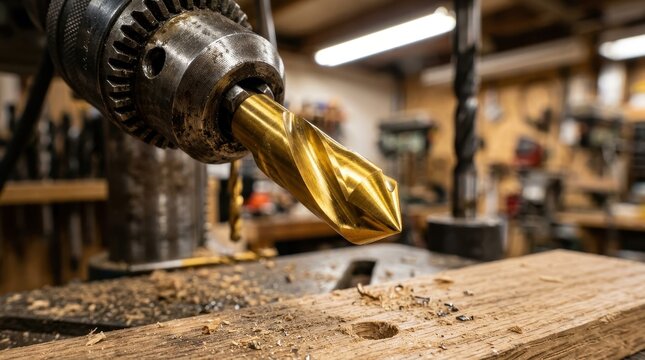 Drill bit closeup in workshop with gold countersink tool and wood surface