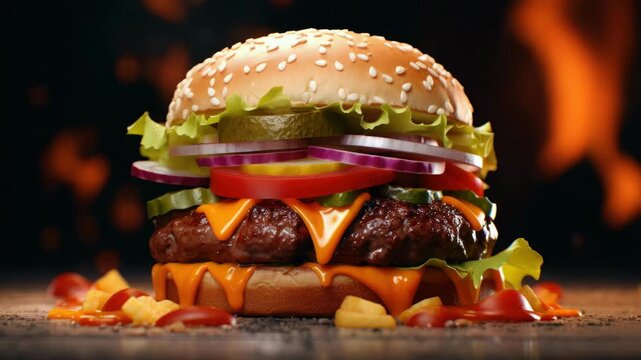 A mouth-watering close-up of a burger, ready to serve