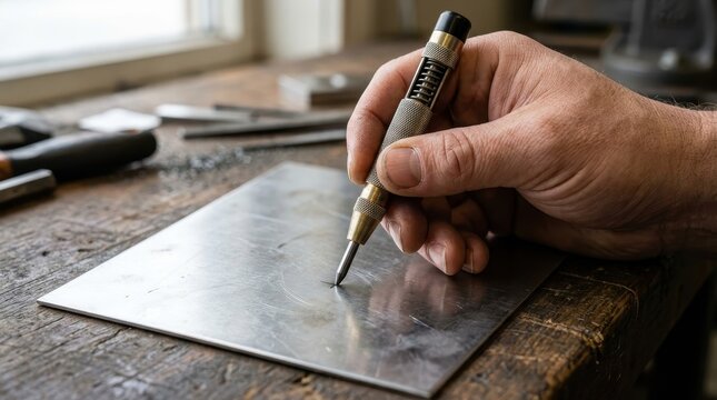 Hand metal sheet center punch tool marking steel surface, close up of hand using spring loaded center punch on metal sheet for precise mark making in workshop