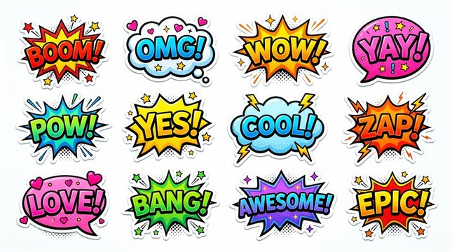 A collection of vibrant comic book style speech bubbles and sound effects, featuring words like "BOOM!", "OMG!", "WOW!", and "LOVE!" with starbursts and cloud shapes.