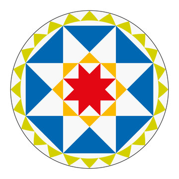 Hex sign with octagram pattern, a symbol of luck and good fortune. Motif in the style of Pennsylvania Dutch folk art. Colorful triangles forming octagons, surrounding a red eight-pointed star. Vector