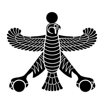 Shahbaz, a fabled bird shown with spread wings and falcon head. In Persian mythology a god who guided the Iranian peoples. Used on standards since Cyrus the Great. Black and white Illustration. Vector