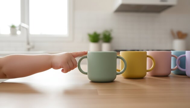 Child choosing a cup for juice from a row of colorful mugs on a kitchen counter, representing a healthy selection and autonomy concept for early development