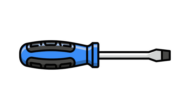 A blue and black handled flathead screwdriver with a silver shaft and gray tip