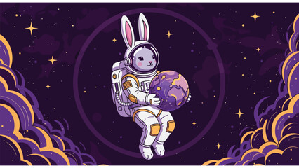 Astronaut Bunny Holding Planet, Space Exploration, Cosmic Adventure Illustration © Zayn Bruneix
