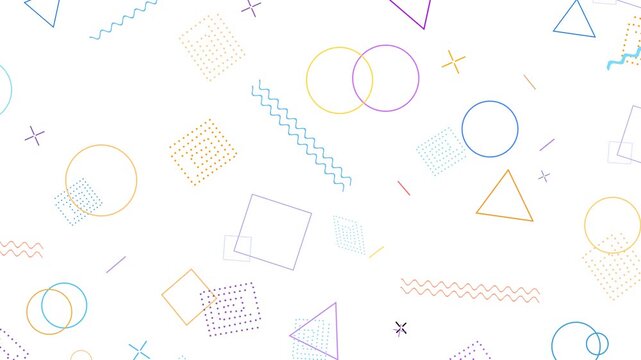 Abstract Geometric White Background with Colorful Shapes Outline Elements. Circles ,Triangles, Squares, And Wavy Lines.  Modern Memphis Style Design with Playful Composition.