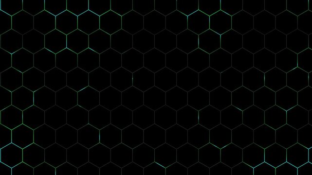 Futuristic Hexagon Grid Background With Neon Blue And Green Glow Light Animation. Hexagonal  Pattern With Subtle Glowing Lines. Technology Presentations, Cyber Security Visuals