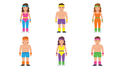 Fototapeta premium Retro 80s Aerobics Fitness Characters Vector Illustration Set. Diverse people in vibrant vintage sportswear, headbands, and leg warmers.