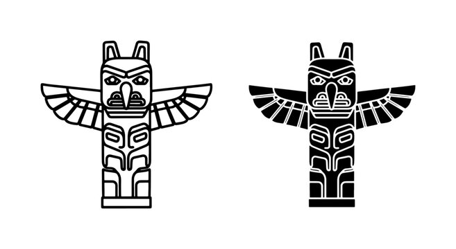Indigenous Totem Pole Vector Icons with Thunderbird Wings