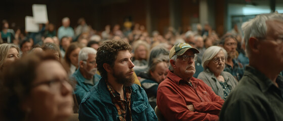 Obraz premium Community meeting audience town hall public forum civic engagement concerned group indoor people mature attentive expression during local
