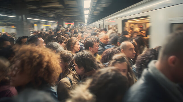 Crowded subway platform train commuter rush hour public transport urban station passenger busy city scene with packed crowd boarding metro train