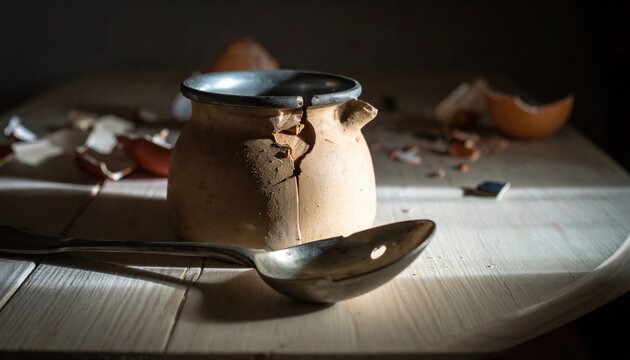A cracked pottery pot and dented spoon lie on a wooden surface bathed in dramatic light, evoking a sense of history.