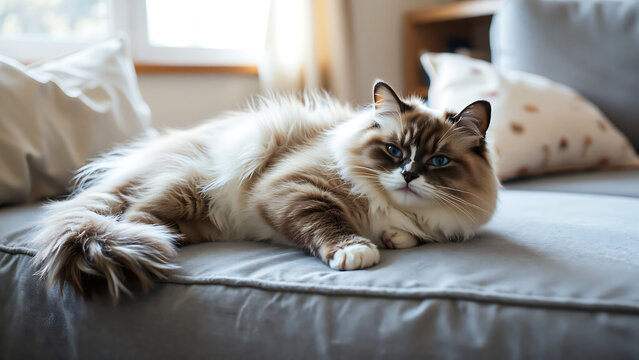 Photorealistic, 8K, ragdoll cat lying on its side on a gray linen sofa, relaxed body posture, fluffy tail curled, white chest fur, blue eyes half-closed, soft afternoon sunlight from window, warm cozy