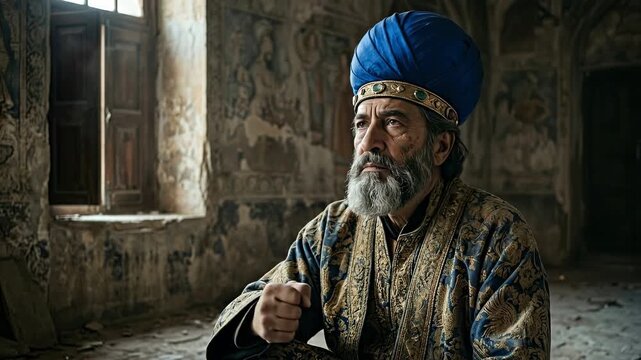 Cinematic historical portrait of a defeated Persian ruler wearing a blue turban and gold robe sitting inside a ruined ancient palace during the fall of the Sasanian Empire