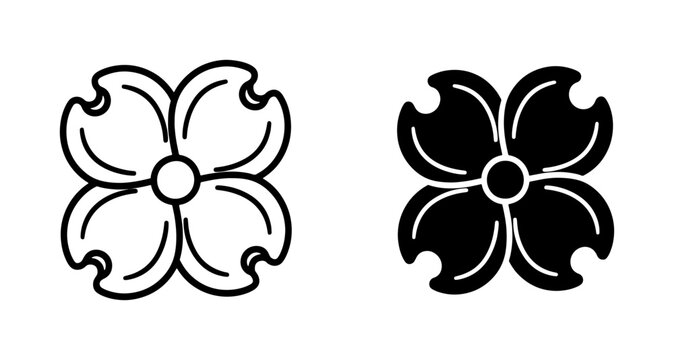Dogwood Flower Icon Set in Outline and Solid Black Style