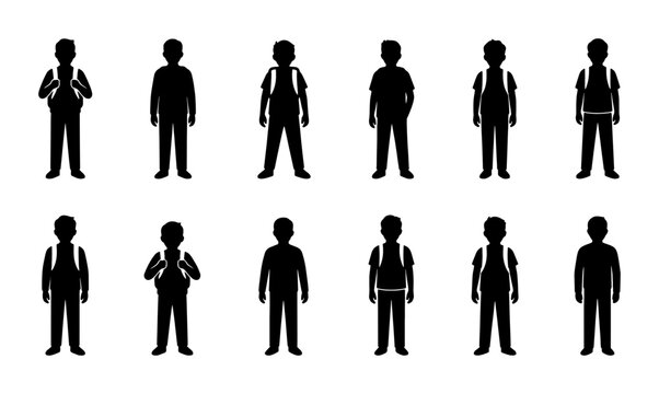 School student silhouettes set, 12 black vector icons of children with backpacks, primary school pupils standing in rows for education design