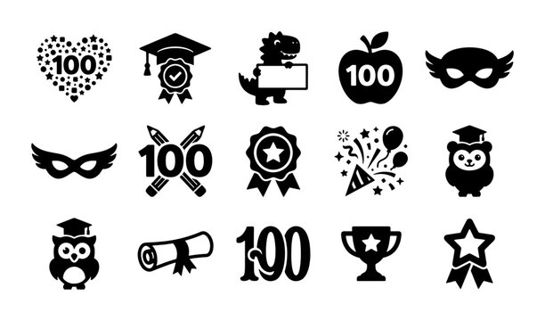 Black silhouette 100 days of school icon set, primary education celebration vector elements, graduation and achievement symbols for teachers