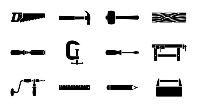 Woodworking carpentry tools icon set, black silhouette construction equipment, 12 professional joinery and handyman vector elements for DIY projects