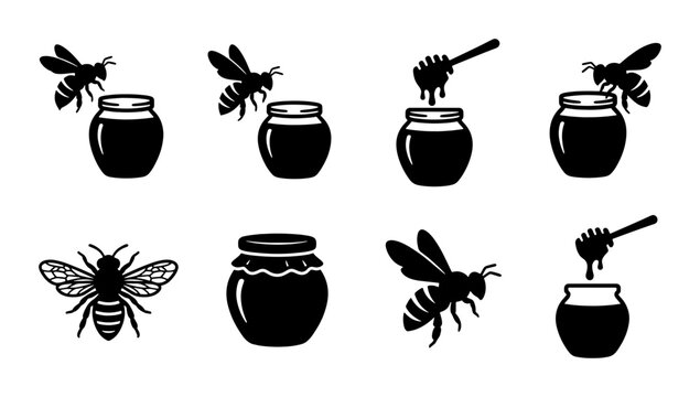 Honey bee and jar icon set, black silhouette honeybee and glass pot vector collection, organic honey dipper and bumblebee illustrations