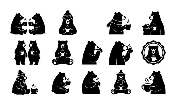 Minimalist bear coffee icons set, black silhouette grizzly bears drinking hot tea, 14 vector animal illustrations for winter cafe branding and cozy logos