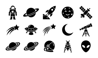 Space exploration icon set, 15 black solid vector symbols of astronaut, rocket ship and planets, astronomy and galaxy flat glyph collection © Mithun