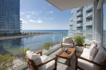 Fototapeta premium Premium waterfront condo terrace with glass railing overlooking calm ocean, modern outdoor wooden furniture with cushions and potted plants under clear blue sky