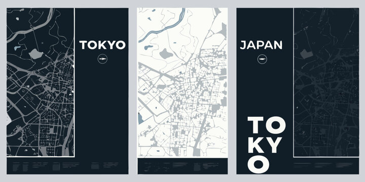 Abstract tokyo city map designs in a triptych style presentation