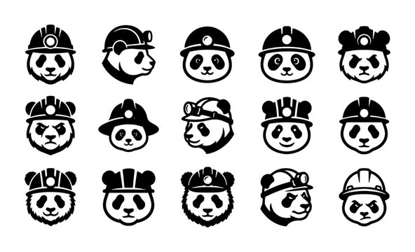Panda miner mascot icons, set of 15 black and white vector panda heads wearing hard hats, industrial worker animal character logos for construction