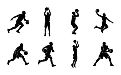 Basketball player silhouettes set, 8 black vector icons of athletes playing ball, professional basketball players in action poses for sports design © Mithun
