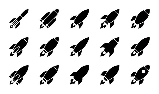 Rocket ship icon set with 15 black vector silhouettes, minimalist spaceship launch symbols, flat spacecraft graphic elements for business startup