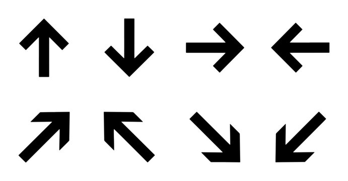 Minimalist black arrow icon set, collection of 8 directional pointers for navigation, bold geometric arrow symbols for web and app interface design