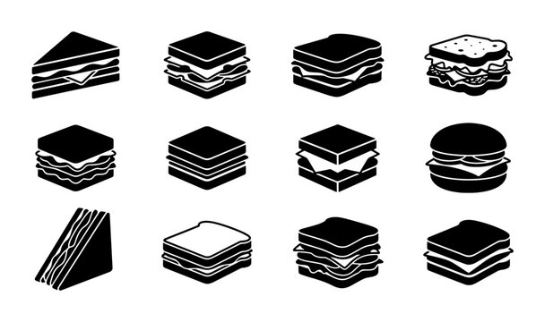 Minimalist sandwich icon set, black and white food vector illustrations, 12 flat deli and burger symbols for restaurant menus and cafe signage