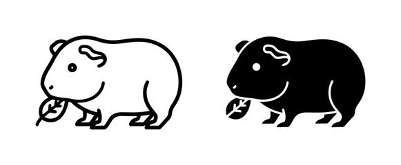 Fototapeta premium Guinea Pig Eating Leaf Line Art Icon Set