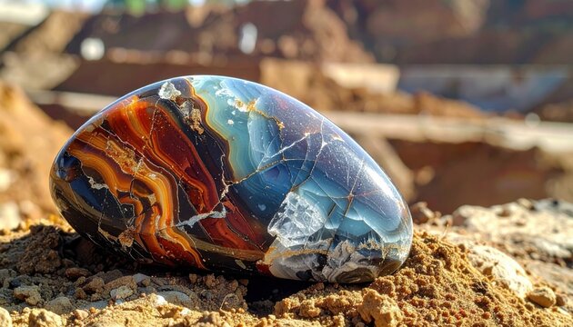 Close-up of a cracked, polished agate stone with vibrant, multicolored veins resting on earthy ground