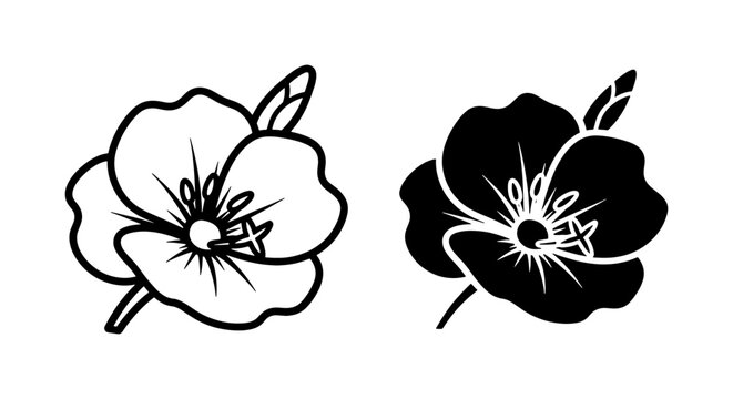Primrose flower line art and black silhouette icon set