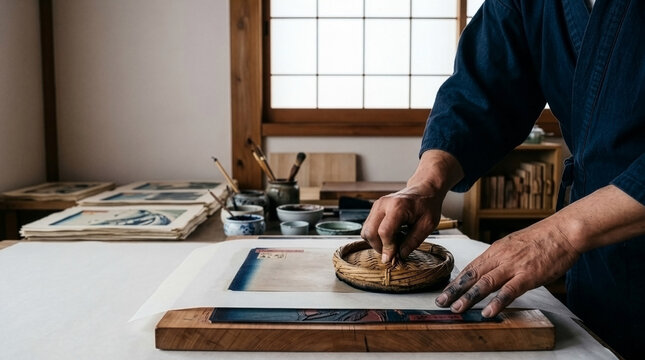 Ukiyo-e Printing: A craftsman in a neat, traditional workshop uses a baren to print with ink onto a woodblock.