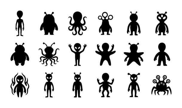 Alien silhouette icons set, extraterrestrial monster character collection, 18 black creature vector symbols for sci-fi gaming and space design