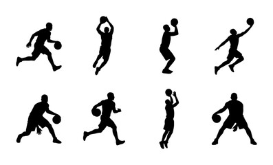 Basketball player silhouette set, 8 athletic male figures playing ball, black sports vector icons on white background, basketball action poses © Sumaiya