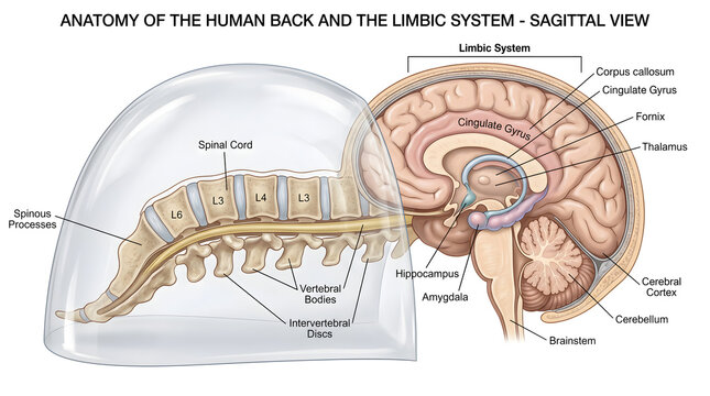 Anatomy of the human back and limbic system in sagittal view illustrating vertebrae and spinal cord inside spinal processes plus medial brain section showing hippocampus, amygdala, cingulate gyrus and