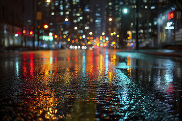 Obraz premium Rainy downtown street with colorful reflections of building lights on wet pavement at night, creating vibrant and moody urban atmosphere with blurred cityscape in background