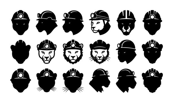 Black panther and cougar head icons wearing miner hard hats, set of 18 wild cat construction worker vector silhouettes, predatory animal mascot logos
