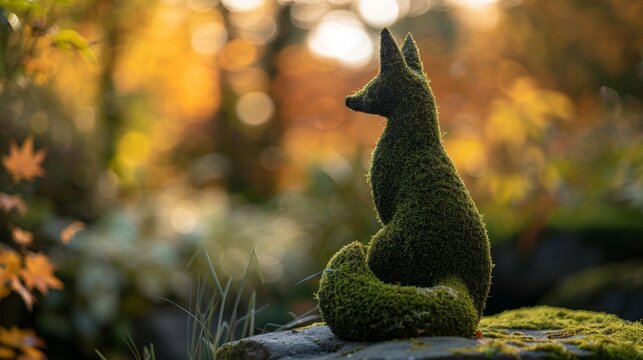 Moss-covered fox statue sits calmly on a stone in autumn. Warm sunlight filters through golden leaves, creating a peaceful, natural scene. The fox appears serene and watchful