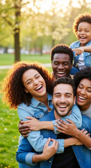 Obraz premium Multiracial Group of Joyful Friends Embracing and Taking Selfie in Sunny Summer Park