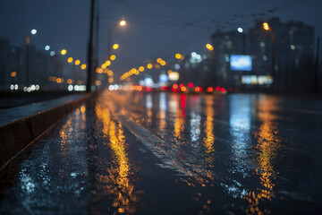 Obraz premium Rainy evening cityscape with glowing street lights reflecting on wet asphalt, blurred traffic lights creating moody urban atmosphere in dark night
