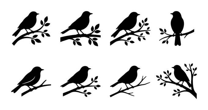 Black bird silhouette collection, set of 8 songbird icons on leafy tree branches, minimalist avian vector graphics for nature branding and decor