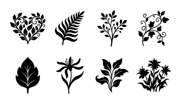 Black floral silhouettes collection, 8 botanical leaf and flower vector icons, elegant nature elements for wedding invitations and logo design
