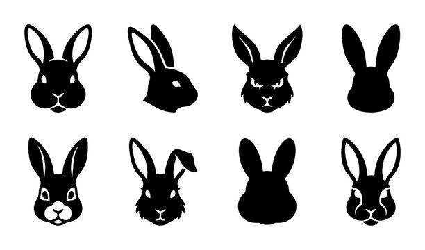 Minimalist rabbit head silhouette collection, set of 8 black bunny face icons, flat vector bunny ear symbols for Easter and wildlife branding