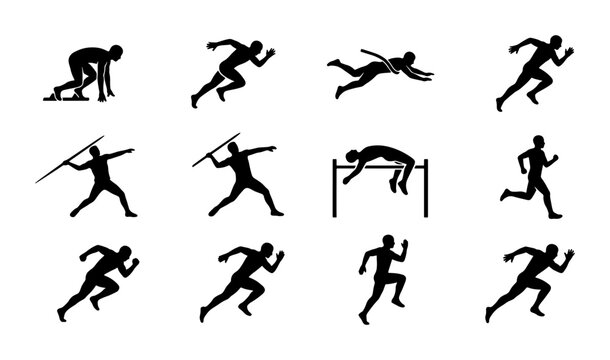 Athletics track and field silhouette icons, set of 12 sports vector elements, running and jumping athlete figures, javelin throw and high jump symbols
